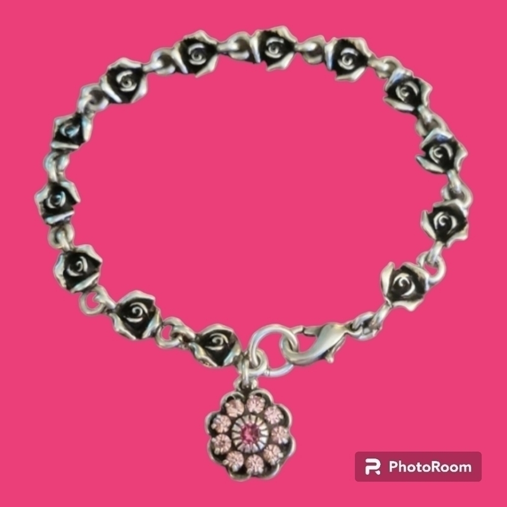 VTG Pewter Dainty Rose Link Pink Crystal Daisy Charm Tennis Bracelet